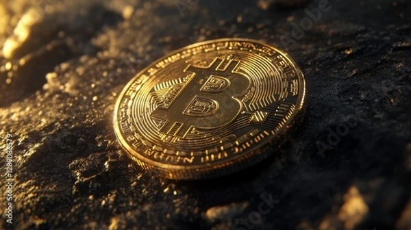Fototapeta Golden bitcoin coin on dark textured surface with dramatic lighting