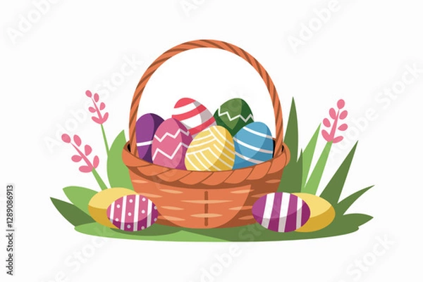 Fototapeta Basket with colorful easter eggs, holiday and celebration concept