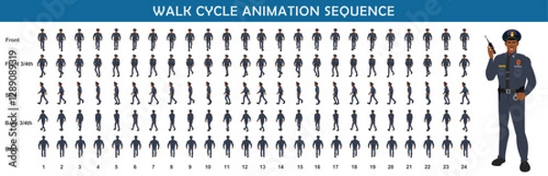 Fototapeta 
Police Officer Character Design Model Sheet. Man, Character design. Front, side, back view and explainer animation poses. Character set with lip sync and Walk cycle animation sequences.
