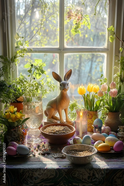 Fototapeta A symmetrical Ostara altar with pastel candles, daffodils, tulips, decorated Easter eggs, and a bunny statue. A bowl of seeds, a chalice of honey mead, ivy, and crystals. Wicca, witchcraft, Easter.
