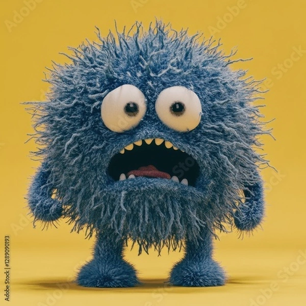 Fototapeta A fluffy blue monster with big eyes looks surprised. 3D rendered character against a yellow background.