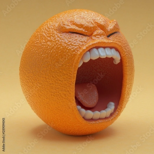 Fototapeta Angry orange fruit with a wide-open mouth, screaming or shouting.  A humorous and expressive image.