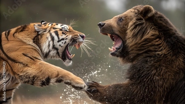 Obraz Wild Confrontation: A fierce showdown unfolds as a tiger and a bear lock eyes and clash, their open mouths roaring in a dramatic display of raw power, intensity, and primal instincts