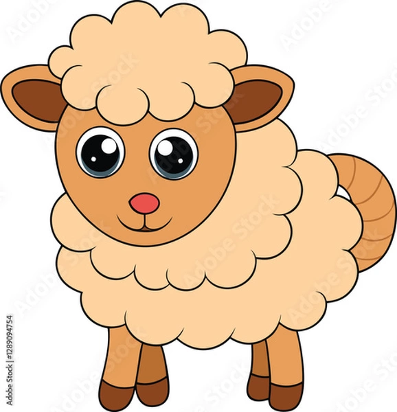 Fototapeta A goofy, wide-eyed cartoon sheep with a big, fluffy body, a silly grin, and wobbly legs, bouncing around mischievously in a playful and clumsy manner.