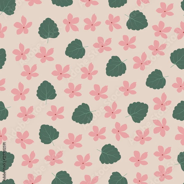 Obraz Scandi floral seamless pattern. Flowery surface pattern design of pink Scandinavian flowers and leaves