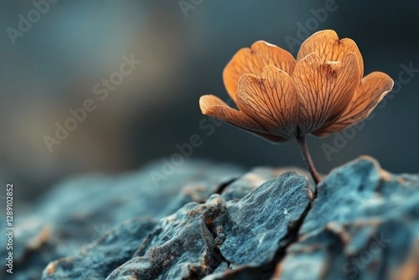 Fototapeta A single orange flower sits on top of a rock in a natural setting, ideal for use in outdoor or nature-related designs