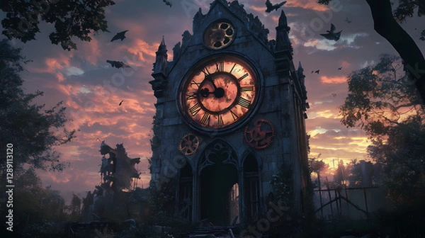 Fototapeta Abandoned gothic clock tower with rusty gears at dusk. Gothic Clocktower at Dusk. Illustration