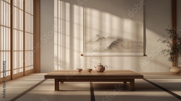 Fototapeta Illustration of a serene Chinese minimalist interior, featuring a low wooden tea table with a ceramic teapot and teacups.