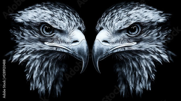 Fototapeta Symmetrical eagle face from the front on a black background