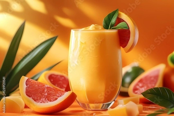 Fototapeta Fresh fruit smoothie in a glass with a straw, surrounded by vibrant ingredients, creating a refreshing and healthy concept, book illustration style