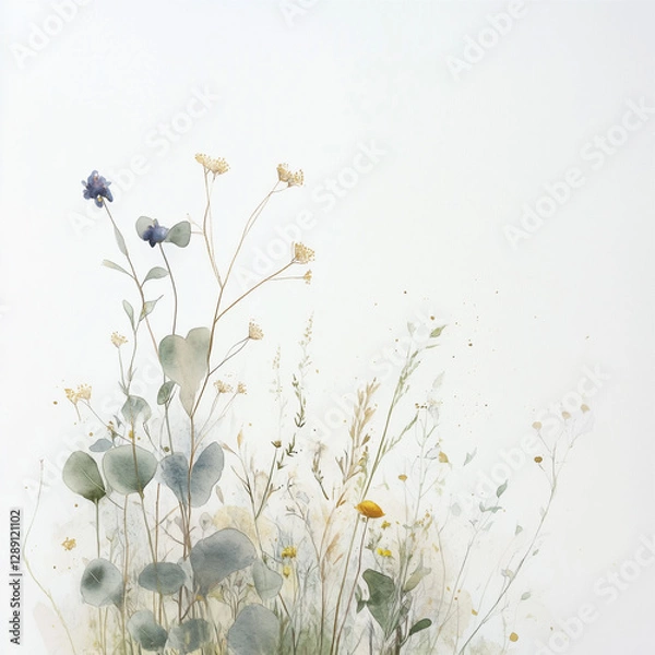 Obraz Delicate watercolor botanical digital paper floral background in soft basic nude beige tones