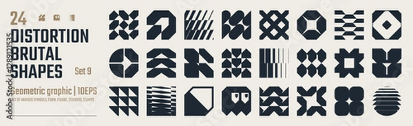 Fototapeta Postmodern abstract geometric graphic elements, Refraction and distortion glass effect various form, Brutalist vector shapes, trendy retro design symbols in Y2K aesthetics, vintage stickers, set 9