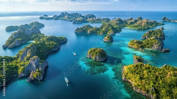 Obraz A stunning top view of Thailand southern sea with vibrant coral reefs, surrounded by islands and crystal-clear water.
