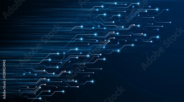 Fototapeta Blue glowing lines with glitter light effect on dark background. High speed internet technology concept or fast wireless data transmission. modern internet network connection technology background	