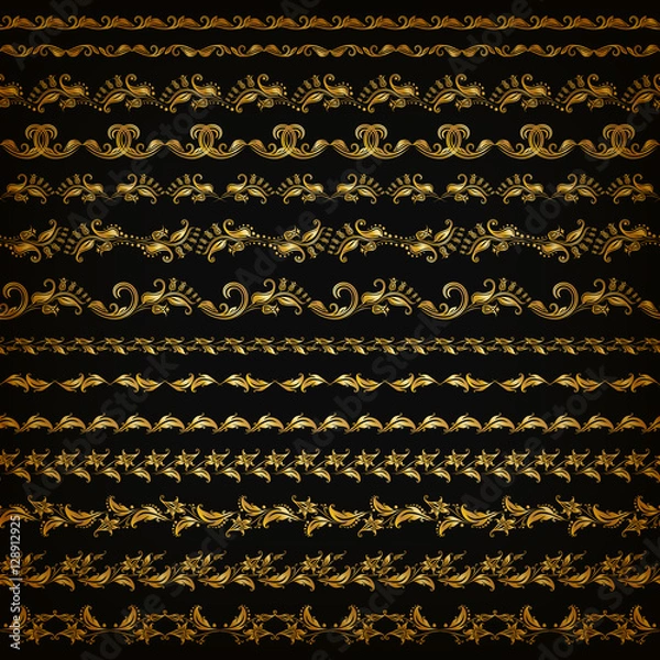 Fototapeta Set of horizontal golden lace pattern, decorative elements, borders for design. Seamless hand-drawn floral ornament on black background. Page, web site decoration. Vector illustration EPS 10.