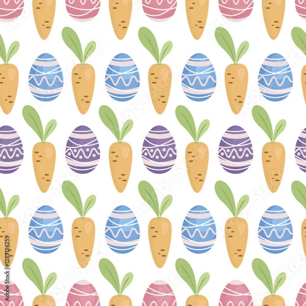 Fototapeta Easter background, cartoon flat illustration of painted holiday eggs, carrots. Hand drawn vector illustration. Universal seamless pattern for fabric, covers, wrapping paper