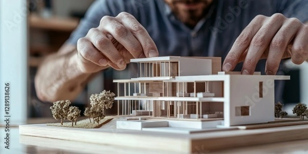 Fototapeta Architect's Vision: A focused architect meticulously arranges a miniature architectural model, embodying the art of design and the essence of construction.