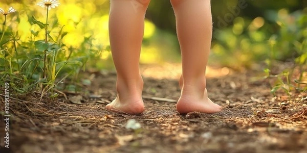 Fototapeta Barefoot Path Exploration: capturing the raw simplicity of childhood, two tiny, bare feet stand poised on a dusty path, framed by the soft glow of sunlight, beckoning towards a journey of discovery. 
