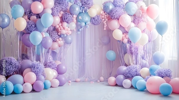 Fototapeta Elegant and Whimsical Pastel Balloon Arch for Festive or Birthday Event  Vibrant Colorful and Glamorous Background