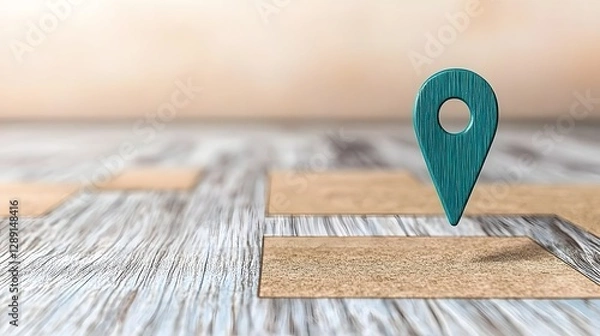 Obraz Geometric Navigation Pin Marker on Wooden Surface Representing Travel and Exploration