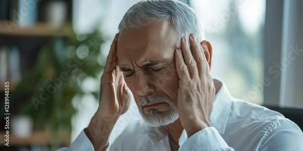 Fototapeta Mental Strain: An older man with gray hair, clutching his temples in a poignant display of headache, fatigue, and stress, epitomizes the weight of physical strain. 