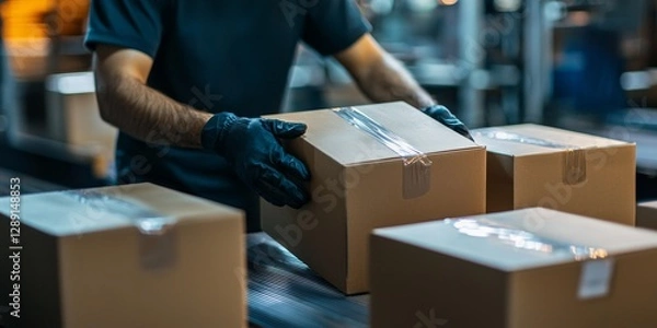 Fototapeta Handling Packages: A worker carefully handles packages on a conveyor belt in an industrial setting, highlighting the logistics and supply chain process.