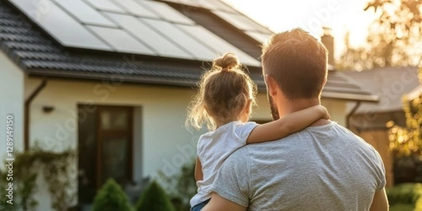 Fototapeta Solar Home Embrace: A father embraces his child as they gaze upon a house, symbolizing the future of green energy. The scene captures the warmth of the sun reflecting off the solar panels.