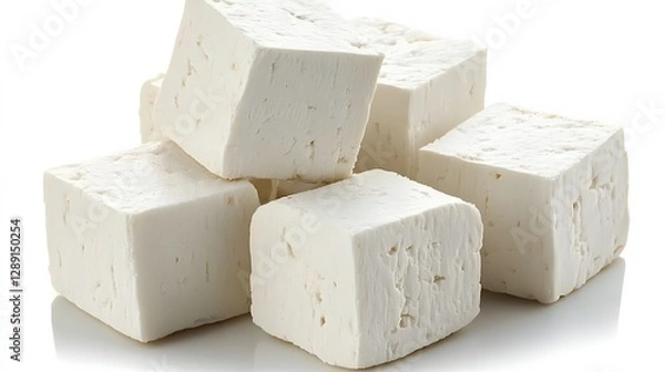 Fototapeta Assorted Cubes of Fresh Tofu on a White Surface for Culinary and Nutritional Purposes