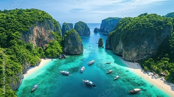 Obraz Birds-eye view of a beautiful cove with calm, clear waters and a mix of green islands dotting the southern Thai sea.