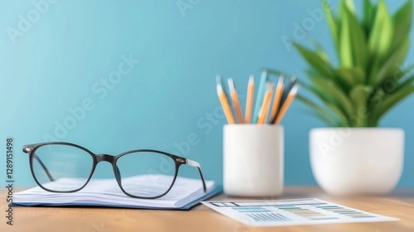 Fototapeta Stylish Desk Setup with Financial Reports and Office Supplies