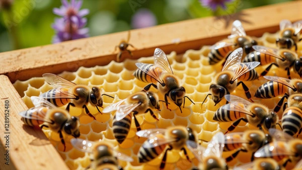 Obraz Honeybees communicating through dance on honeycomb, hive interaction