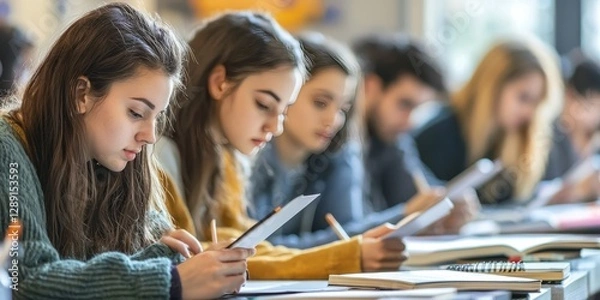 Fototapeta Focused Study: A diverse group of young students is engrossed in focused study, their faces illuminated by the light of digital devices and the pages of open books.