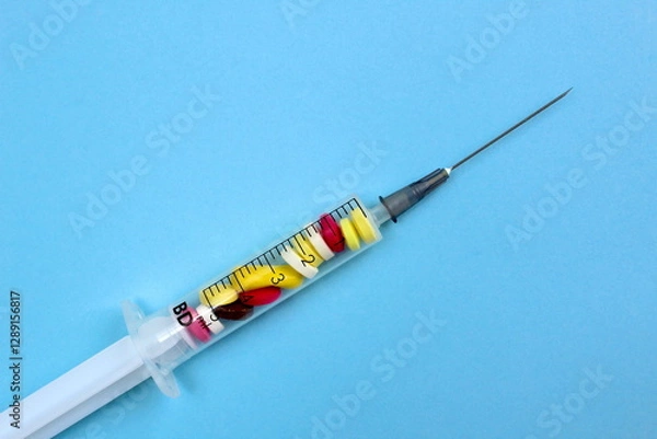 Obraz On a blue background lies a syringe inside which are tablets	