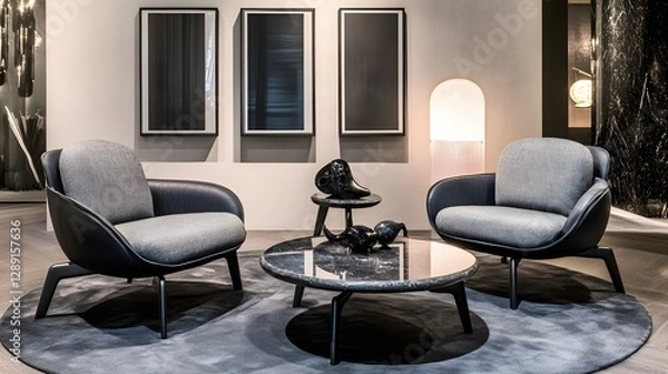 Fototapeta Stylish Modern Seating Arrangement with Textured Chairs and Glass Table in Sophisticated Living Room