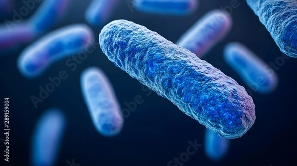 Fototapeta Close-Up View of Vibrant Blue Bacteria Floating Against a Dark Background in a Laboratory Setting