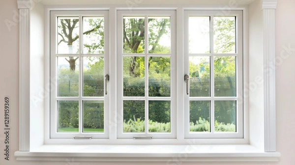 Fototapeta Fill - soft light shinning in cozy room with view thought window on summer garden