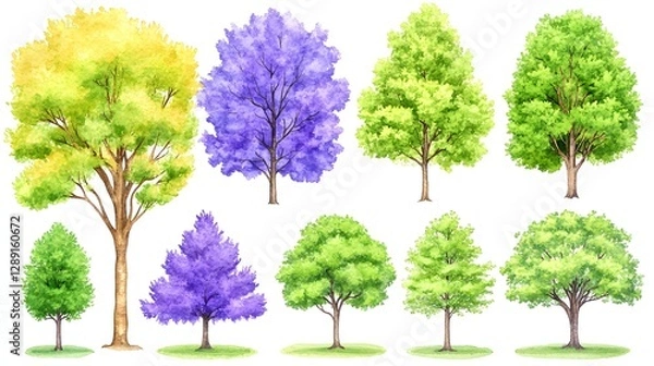 Fototapeta Collection of Various Trees in Vibrant Colors Featuring Green, Yellow, and Purple Shades
