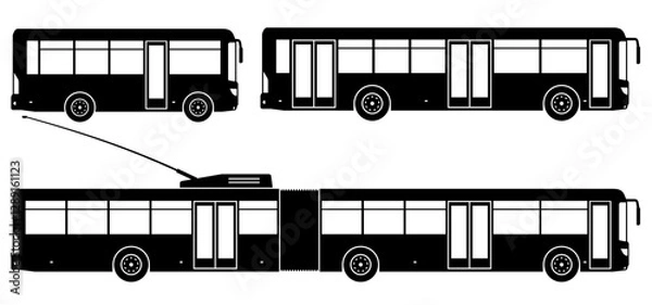 Obraz Shuttle buses silhouette isolated vector illustration. City transport icons set view from the side.