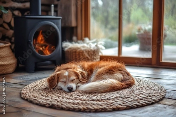 Fototapeta Brown and white dog sleeping on a round carpet in front of a burning fireplace, cozy home atmosphere