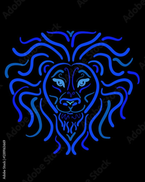 Fototapeta head of a mystical lion made of blue lines on a black background