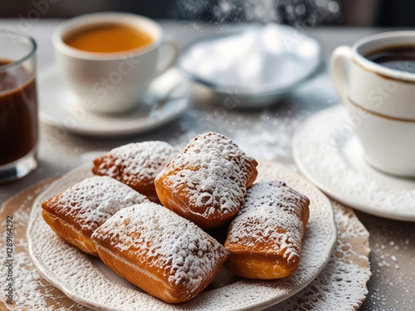 Fototapeta Homemade beignets covered in a sugar powder. Sweet pastry for breakfast.
