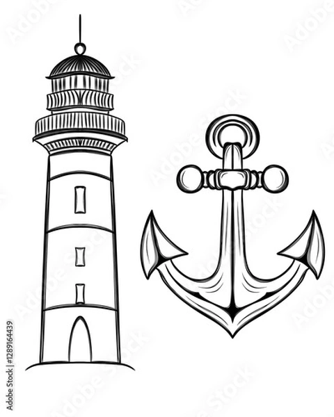 Obraz lighthouse and anchor line art design on white background, sea stickers template