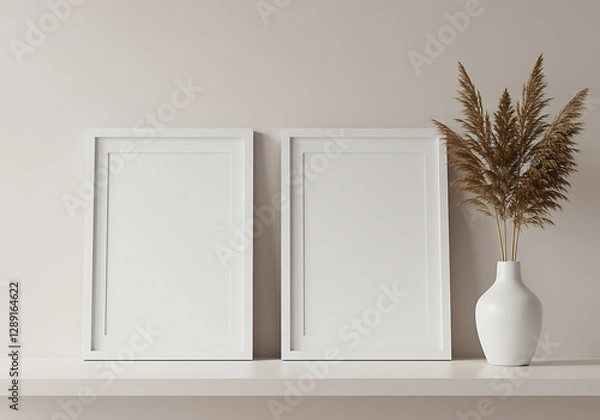 Fototapeta Stylish picture frames on a minimalist shelf with a vase of dried grass on a neutral background, modern interior design