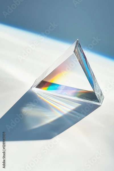 Fototapeta Minimalist macro shot of a triangular glass prism refracting light into a rainbow