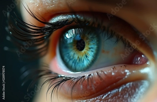 Fototapeta Extreme close-up of human eye with visible tear. Beautiful blue iris macro with detailed eyelash, eyebrow features. Eye conveys deep emotion, vulnerability and resolve, vision of inner strength.