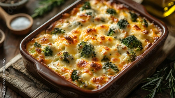 Obraz Rectangular Baking Dish Filled with Homemade Broccoli and Cheese Casserole