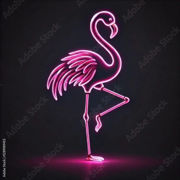 Obraz Solid black background with a glowing neon pink flamingo standing on one leg in the center, illuminated faintly 2