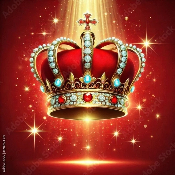Obraz Vibrant red background with a single golden crown hovering in the center, adorned with sparkling jewels 2