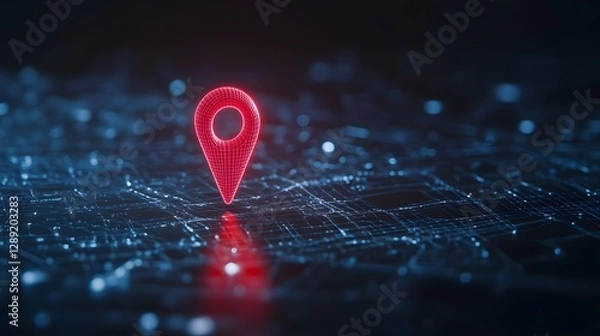 Fototapeta Glowing Wireframe Map Pin In Surreal Sci Fi Backdrop With Vibrant Colors