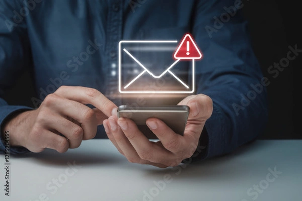 Fototapeta SMS spam, fake text message phishing from scammer concept. System hacked red warning alert, email hack, scam malware spreading virus on message alert virtual on mobile phone screen in person hand. 